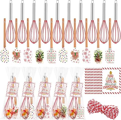 Christmas baking utensil set with spatulas, whisks, cards, and bags