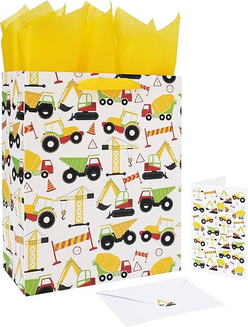 Large Construction Vehicle Gift Bag with Card and Tissue