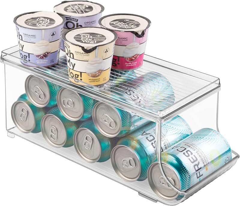 Clear soda can organizer with lid for pantry or fridge