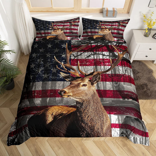 3D Deer Duvet Cover Set Queen Size Flag Bedding Set 3pcs for Kids Boys Teens Room Decor, Wildlife Animal Elk Print Comforter Cover Stars and Stripes Quilt Cover with 2 Pillowcases