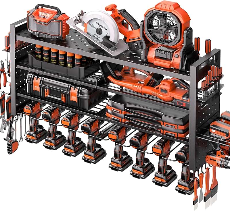 Heavy Duty Wall Mount Tool Organizer with Drill Holders