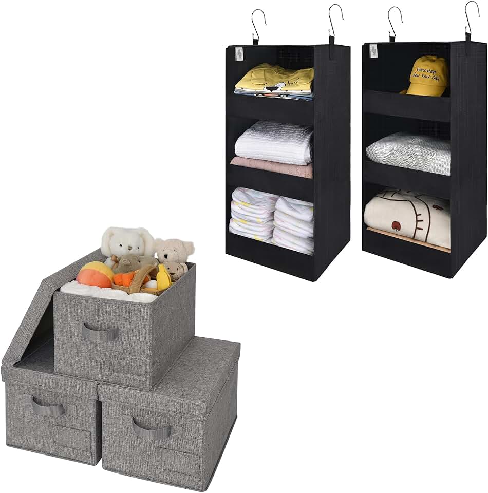 Bundle of 2 Closet Organizers and 3 Storage Bins