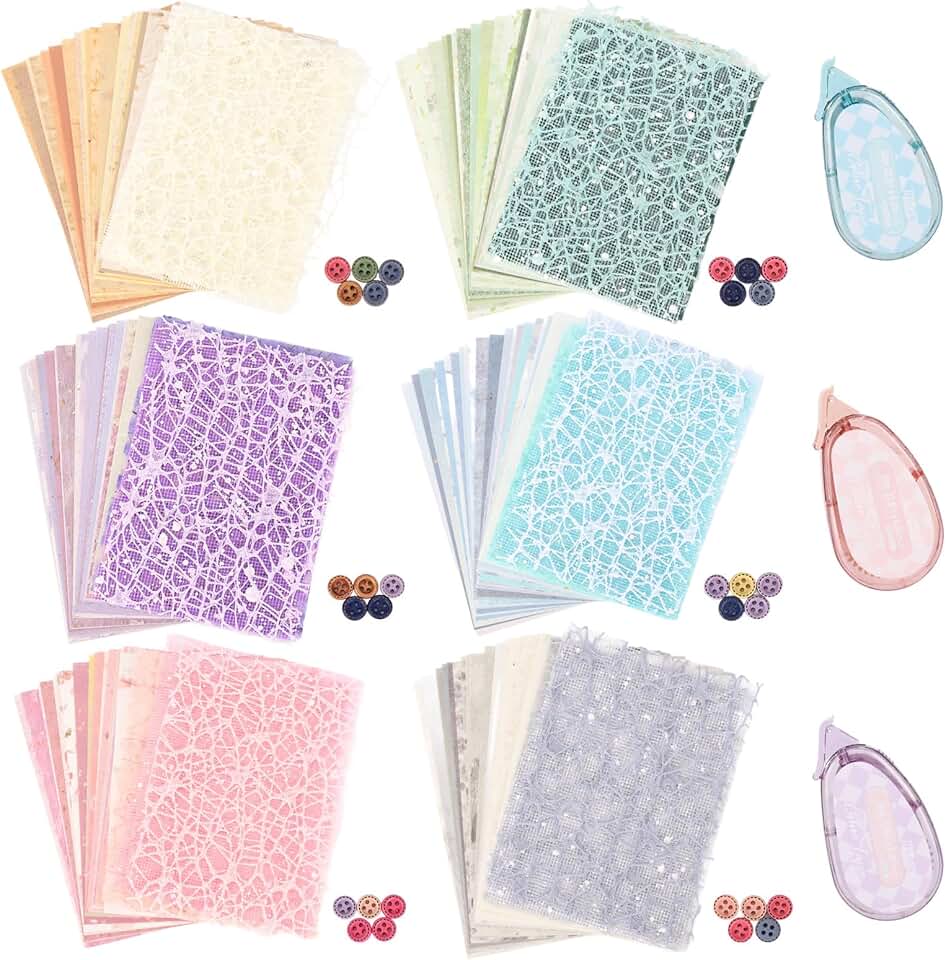 156 Sheets Textured Paper and Mesh Fabric Kit, 6 Pack Scrapbook Paper with 5 Buttons