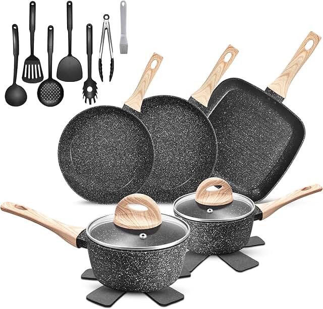19-Piece Non-Stick Pots and Pans Set with Silicone Tools