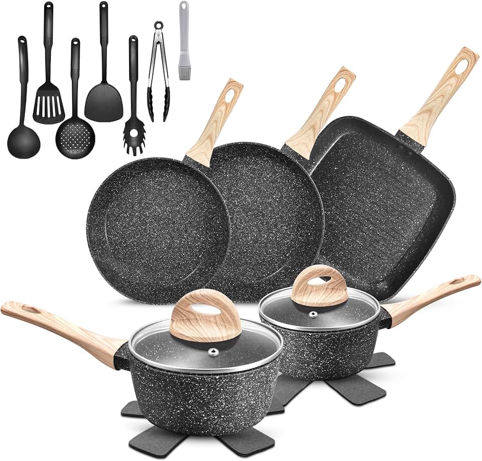 19-Piece Non-Stick Pots and Pans Set with Silicone Tools