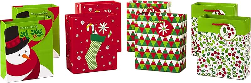 Set of 8 Small Christmas Gift Bags with 4 Designs