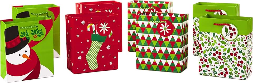 Set of 8 Small Christmas Gift Bags with 4 Designs