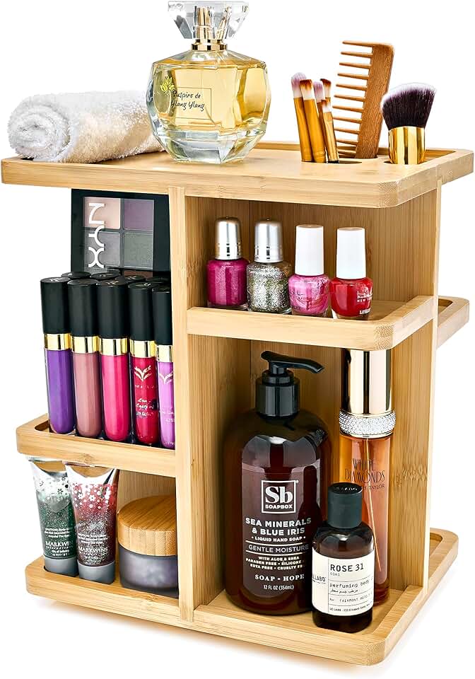 360° Bamboo Makeup Organizer for Vanity and Bathroom