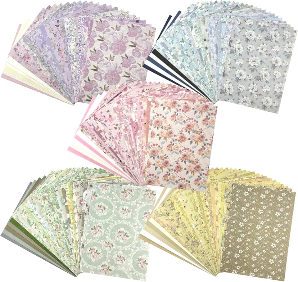 Set of 252 Vintage Floral Scrapbook and Textured Papers with Labels