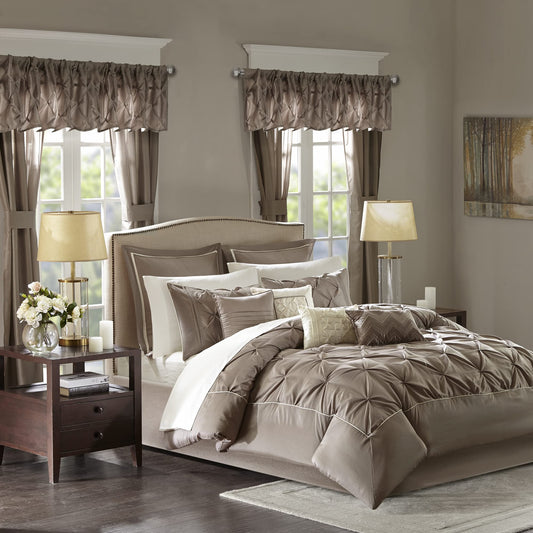 Essentials Room in a Bag Faux Silk Comforter Set  Luxe Diamond Tufting All Season Bedding, Matching Curtains, Decorative Pillows, Taupe Queen(90"x90") 24 Piece