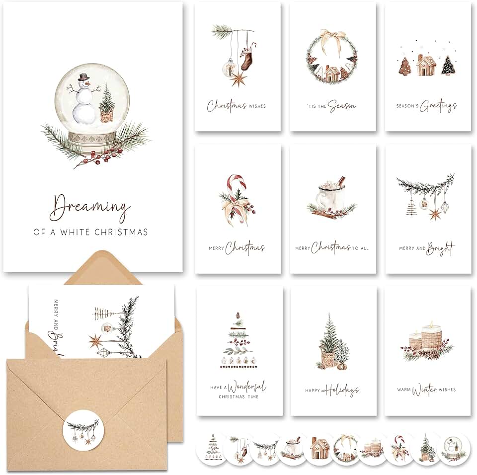 Christmas Cards with Envelopes and Stickers, 20 Pack