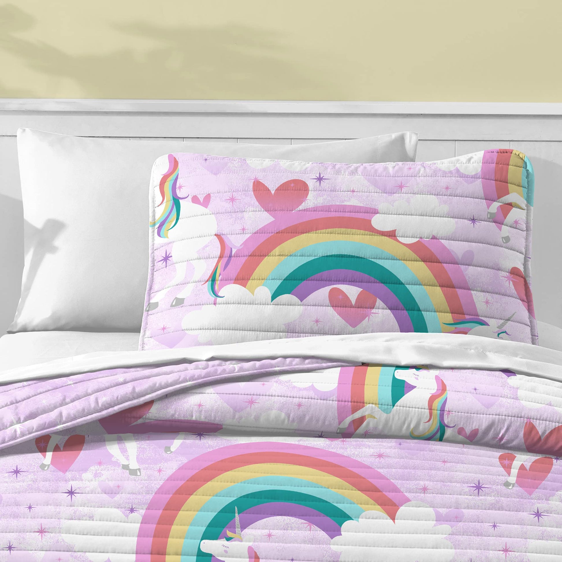 Kids Reversible Quilt Set Soft Microfiber Lightweight Bedspread Coverlet Bed Blanket, Full, Purple Unicorn Rainbow