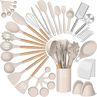 43-Piece Silicone Kitchen Utensil Set with Wooden Handles