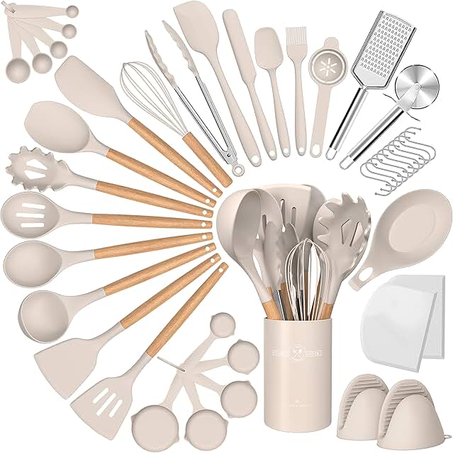 43-Piece Silicone Kitchen Utensil Set with Wooden Handles