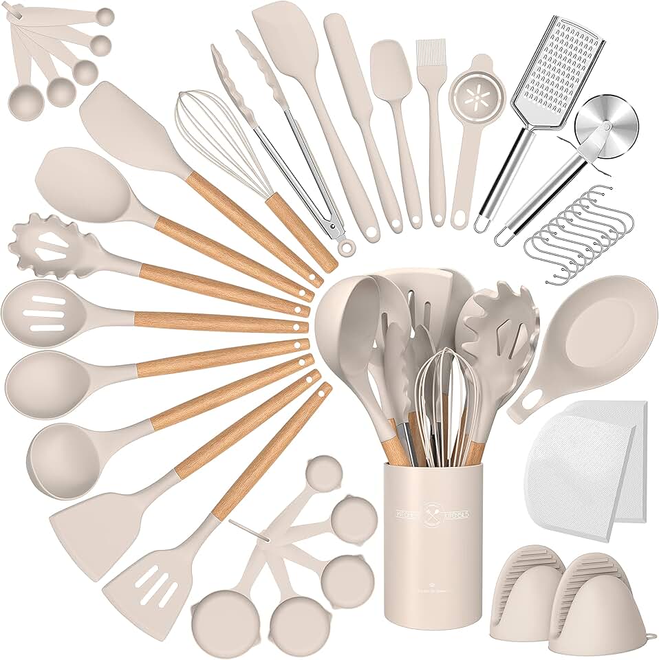 43-Piece Silicone Kitchen Utensil Set with Wooden Handles