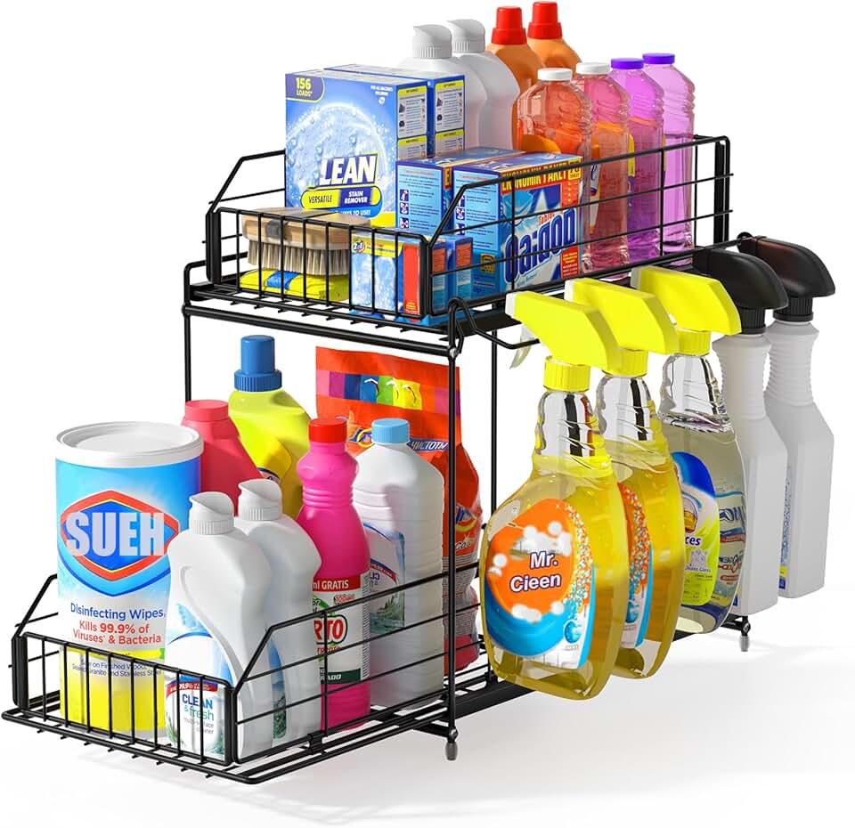 Under Sink 2-Tier Metal Organizer with Hanging Rail