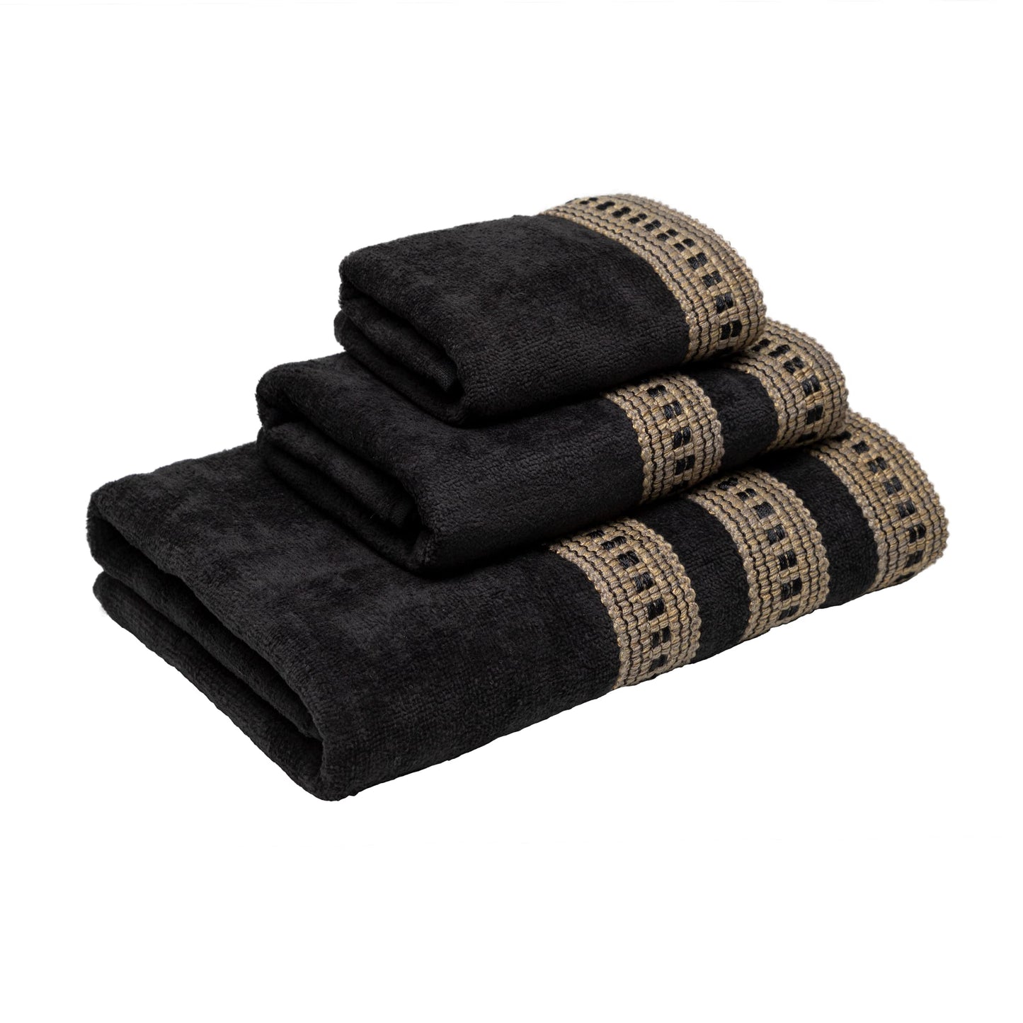 Sienna Fancy Trim Black 3-Piece Decorative Towel Set, Rows of gimp Trim, Sewn on Black Towel, Includes 1 Bath, Hand  tip Towel, Elegant  Durable.