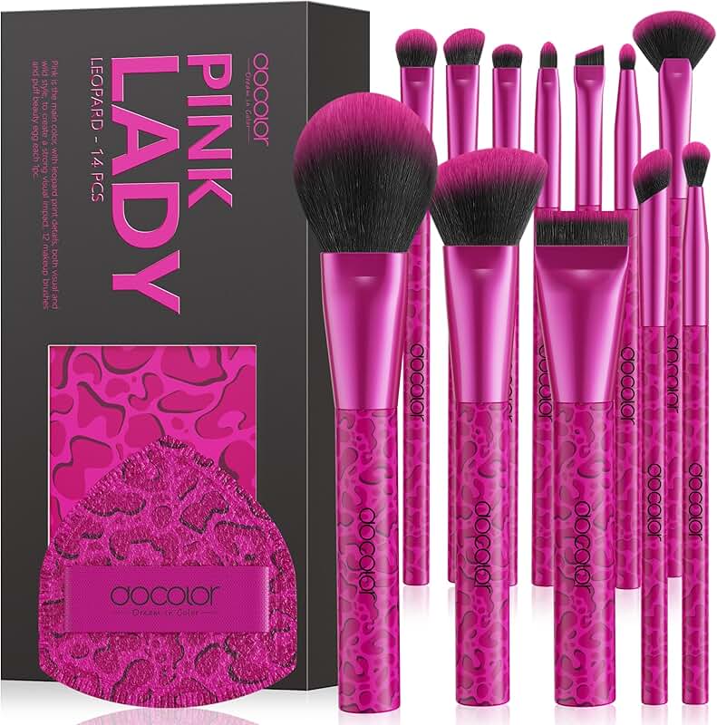 12-Piece Pink Leopard Makeup Brush Set with Powder Puffs