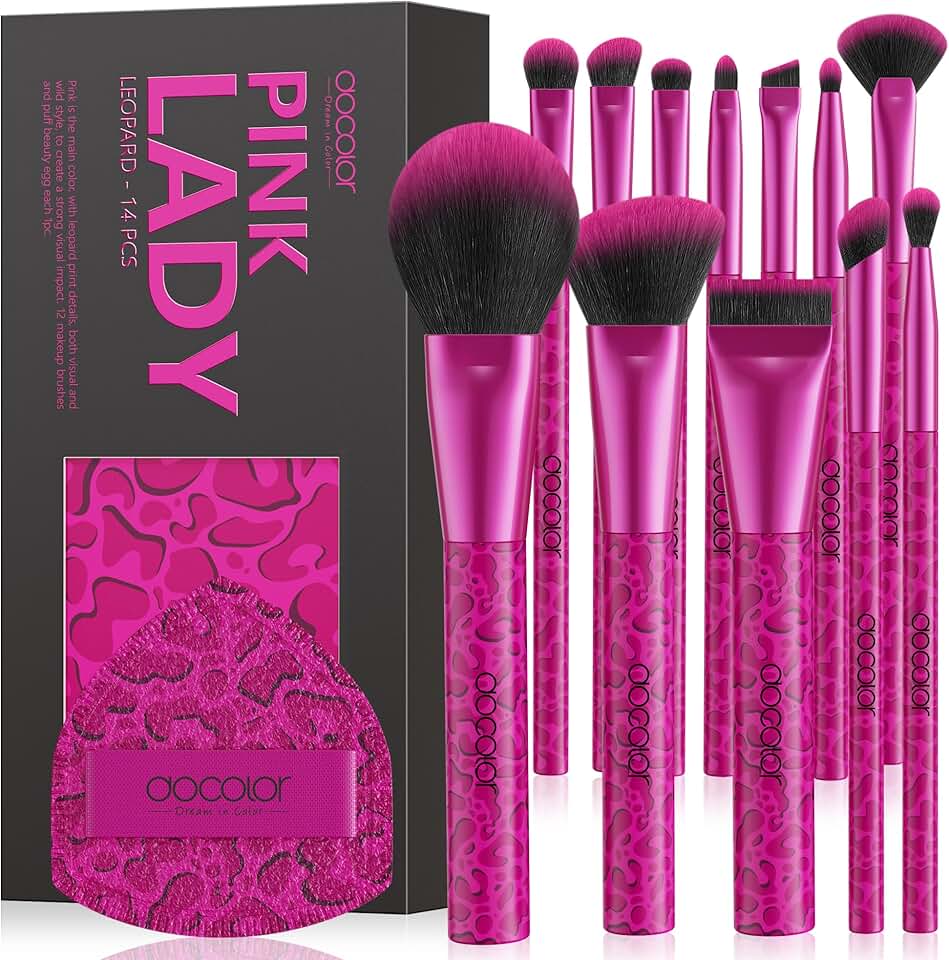 12-Piece Pink Leopard Makeup Brush Set with Powder Puffs