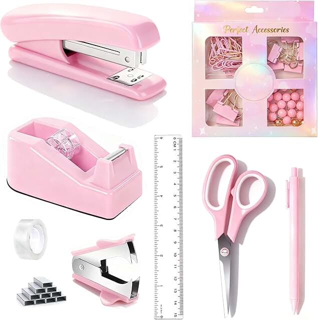 Pink Desk Organizer Set with Pen Holder and Supplies