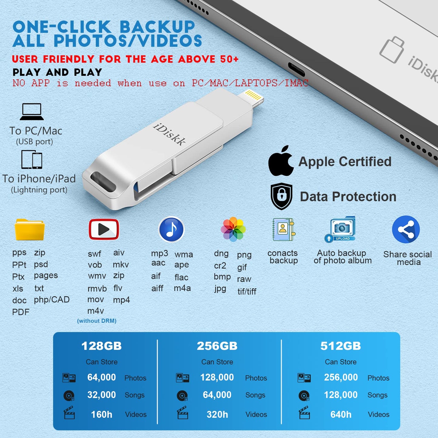 iOS MFi 256GB Flash Drive Photo Stick Mobile for iPhone (13/12/12 pro/12 pro max/11/11 Pro/XR/X) Memory Stick iPad External Photo Storage for MacBook/Laptops/ PC Photo Stick