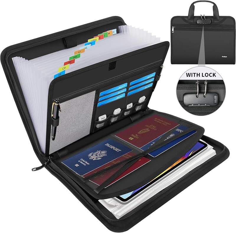 Fireproof Accordion File Organizer with Lock and Handle