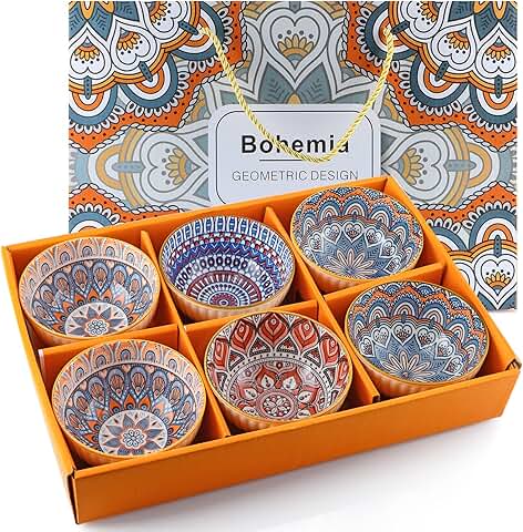 Set of 6 Ceramic Bowls, 10 oz, Bohemian Style