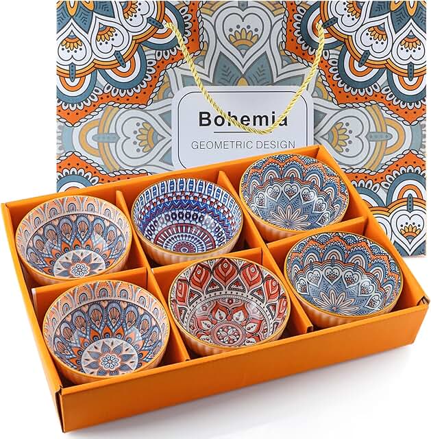 Set of 6 Ceramic Bowls, 10 oz, Bohemian Style