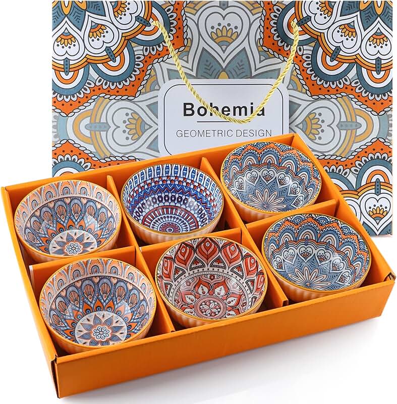 Set of 6 Ceramic Bowls, 10 oz, Bohemian Style
