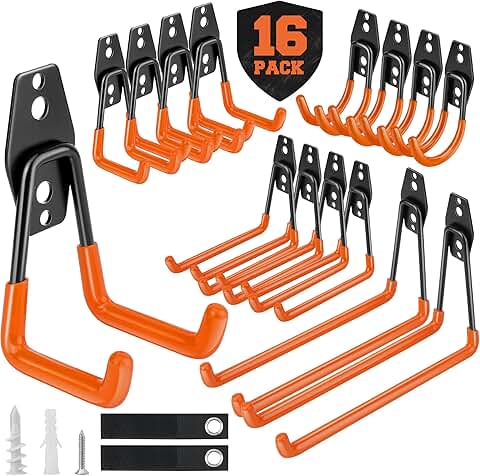 16 Heavy Duty Garage Hooks with Straps for Tools and Bikes