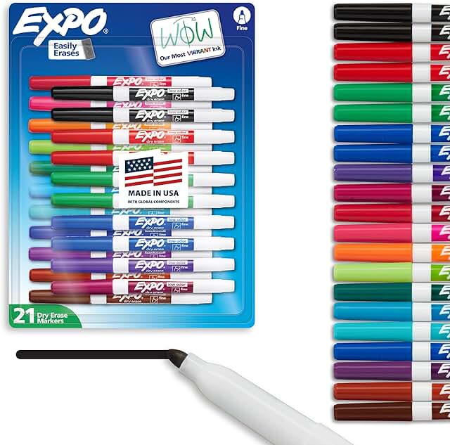 Set of 21 Vibrant Fine Tip Dry Erase Markers