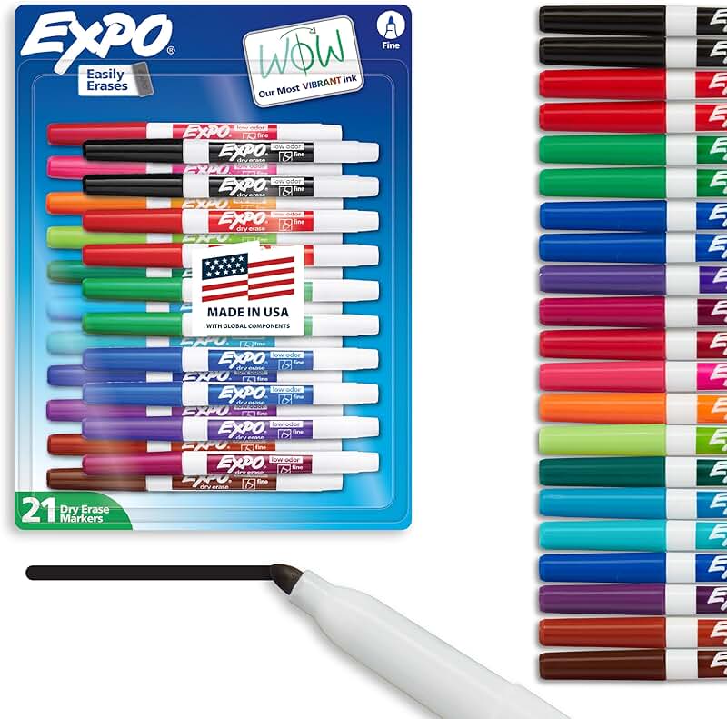 Set of 21 Vibrant Fine Tip Dry Erase Markers