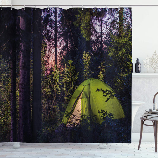 Camper Shower Curtain, Dark Forest in Late Evening with Spruce Trees and Purple Sky Outdoor Lifestyle, Cloth Fabric Bathroom Decor Set with Hooks, 69" W x 84" L, Seal Brown