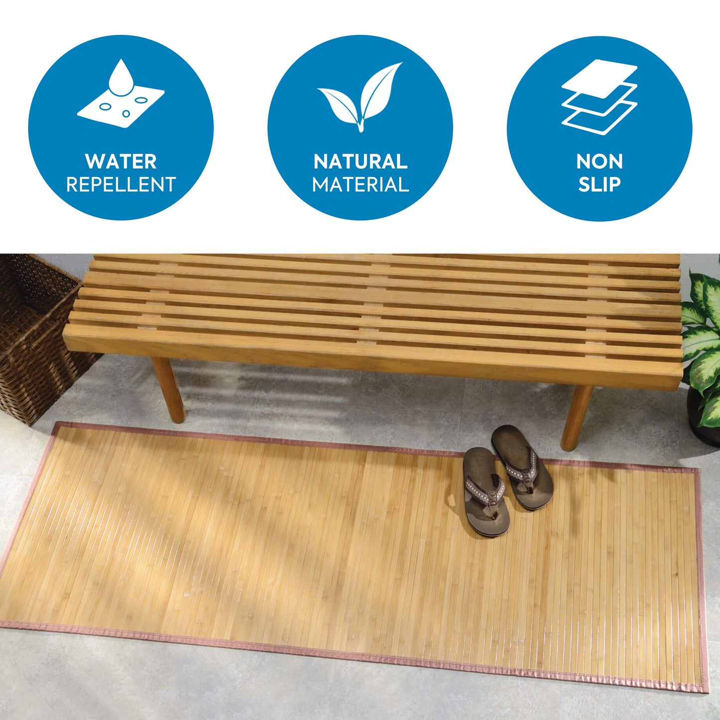 Bamboo Non-Skid Water-Resistant Floor Mat, The Formbu  24" x 72, Natural Tan