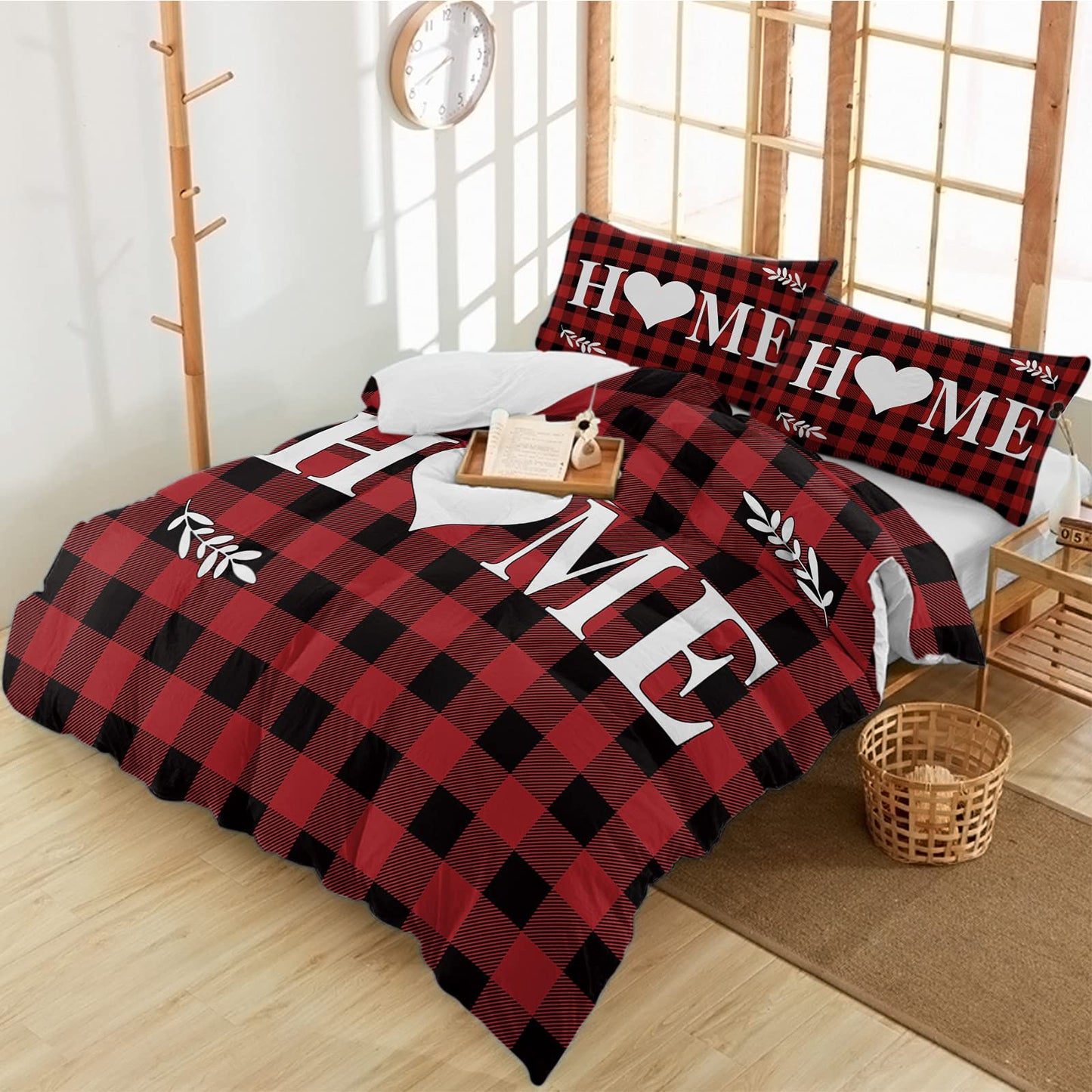 3 Pieces Duvet Cover Cal King Bedding Sets s Day Heart Home Soft Quilt Cover with Pillowcases Farm Lumberjack Buffalo Black Red Plaid Microfiber Comforter Set for Bedroom