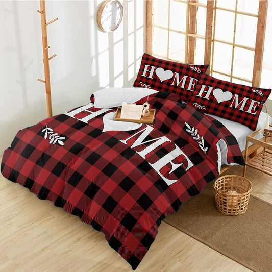 3 Pieces Duvet Cover Cal King Bedding Sets s Day Heart Home Soft Quilt Cover with Pillowcases Farm Lumberjack Buffalo Black Red Plaid Microfiber Comforter Set for Bedroom
