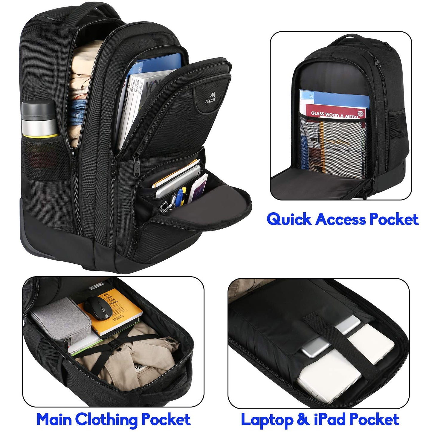 Rolling Backpack, Water Resistant College Wheeled Laptop Backpack for Travel,Good Gift for Men Carry on Luggage Business Bag Student Computer Bag for Men Women fit 15.6 Inch Notebook,Black