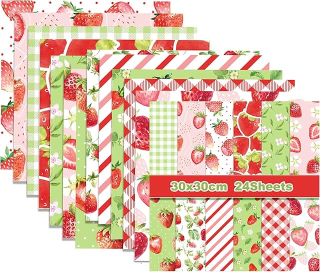 Double-Sided Scrapbook Paper, 12x12, Strawberry Pattern, 24 Sheets