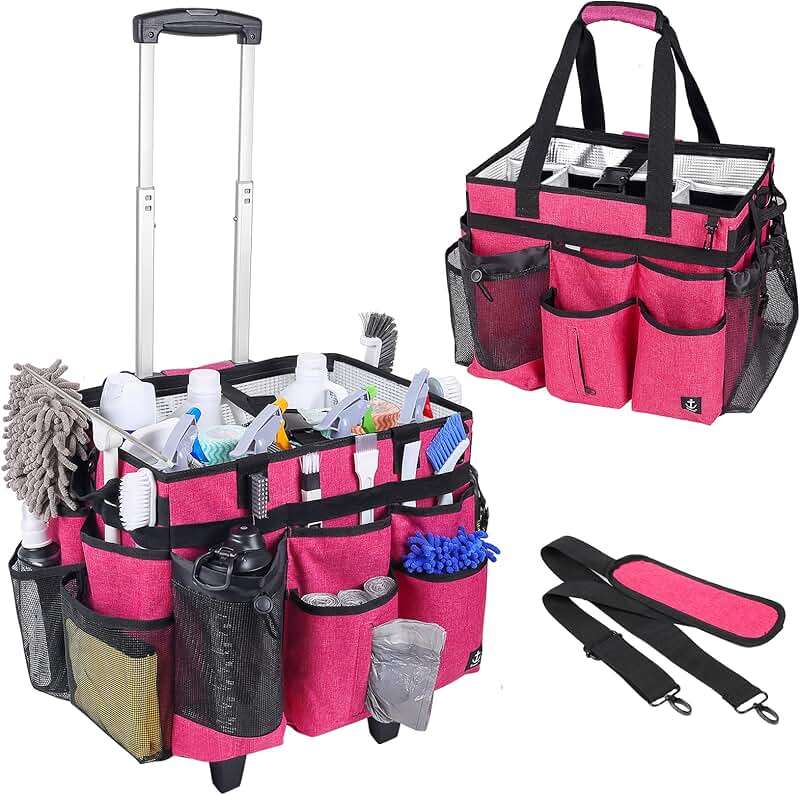 Large Rolling Cleaning Caddy with Trolley and Pockets