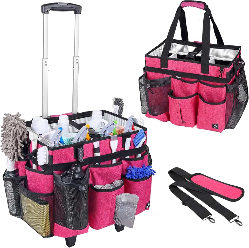 Large Rolling Cleaning Caddy with Trolley and Pockets