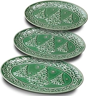 Set of 3 Green Ceramic Oval Serving Trays