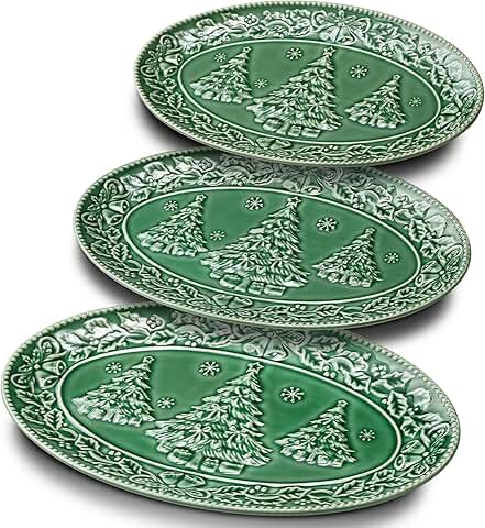 Set of 3 Green Ceramic Oval Serving Trays