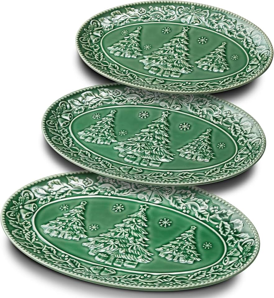 Set of 3 Green Ceramic Oval Serving Trays