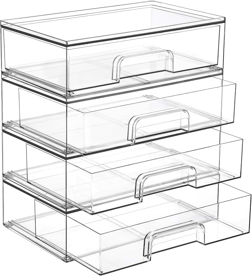 12.1-inch Clear Stackable Storage Drawers, 4 Pack