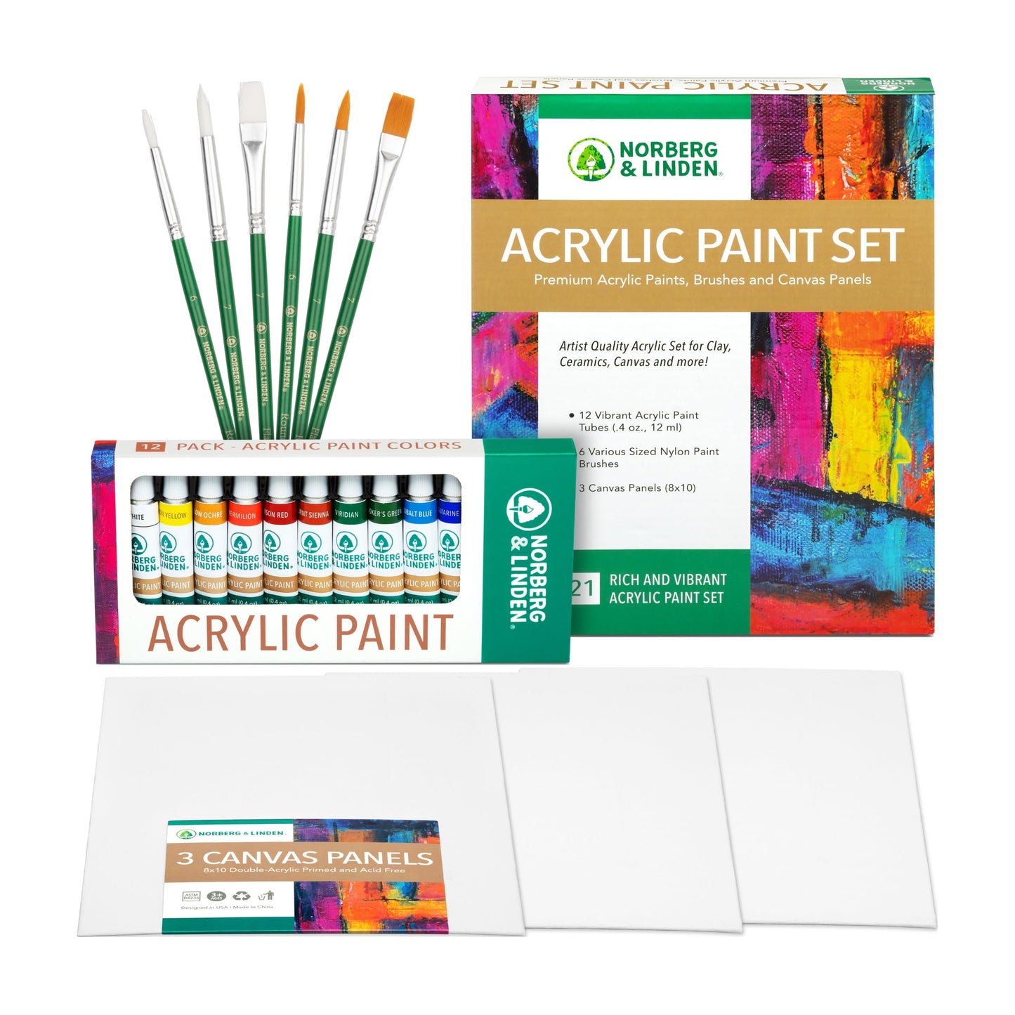 Acrylic Paint Set with Canvas and Brushes, 12 Colors