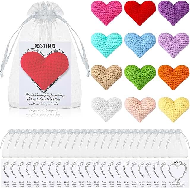 Set of 12 Pocket Hug Tokens with Wool Hearts and Organza Bags