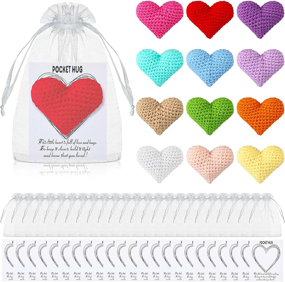 Set of 12 Pocket Hug Tokens with Wool Hearts and Organza Bags