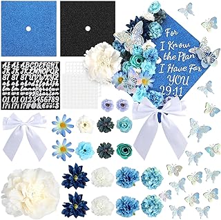 55 Pcs Blue Graduation Cap Decorations with Flowers Bows and Stickers