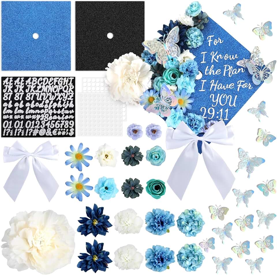 55 Pcs Blue Graduation Cap Decorations with Flowers Bows and Stickers