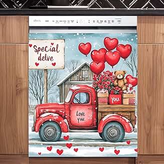 Valentine's Day Red Truck Dishwasher Magnet Cover